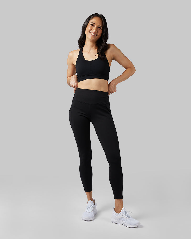 32 Degrees Black _ Women's Seamless Racerback Sports Bra {model:Mariana is 5'8" and size 4, wearing size S}{bottom}{right}