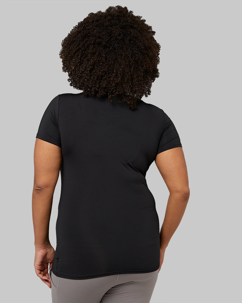 32 Degrees Black _ Women's Cool Fitted T-Shirt {model: Natalie is 5'10" and size 12-14, wearing size L}{bottom}{right}