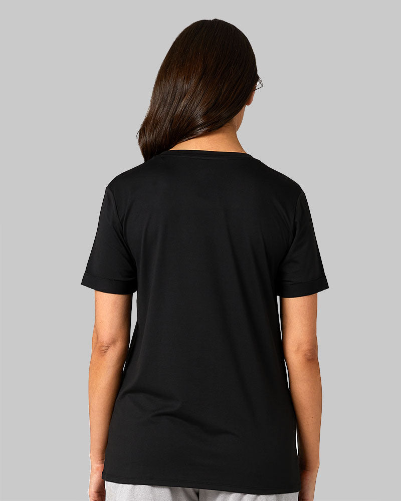 32 Degrees Black _ Women's Cool Relaxed Tee {model: Bruna is 5'7" and size 4, wearing size S}{bottom}{right} 