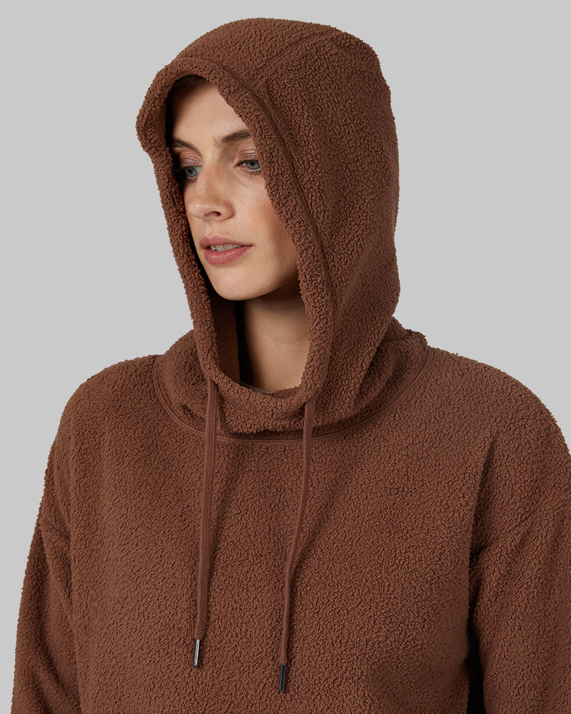 32 Degrees Acorn _ Women's shorthair sherpa Pullover Hoodie {model: Colby is 5'9"and size 4 wearing size S}{bottom}{right} {bottom}{right}