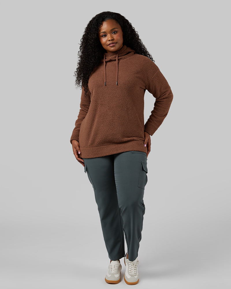 32 Degrees Acorn _ Women's shorthair sherpa Pullover Hoodie {model: Audrey is 5'8"and size 14 wearing size L}{bottom}{right} {bottom}{right}