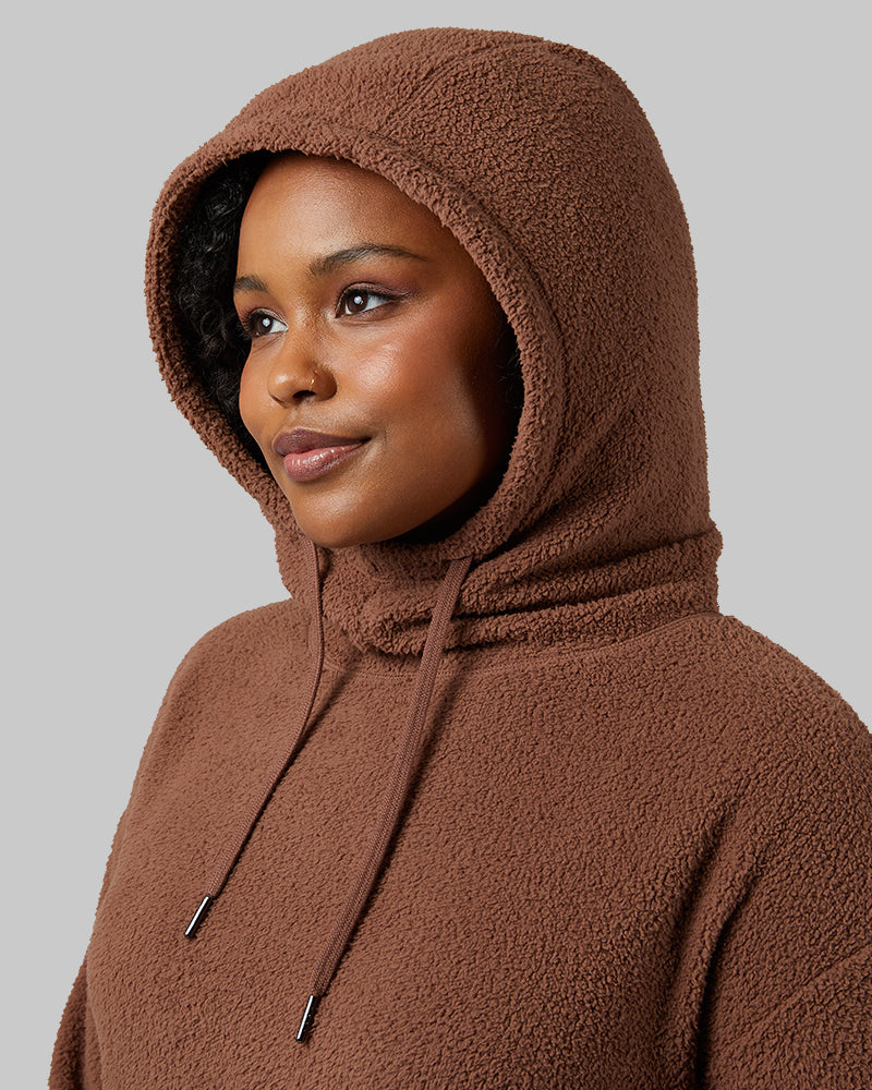 32 Degrees Acorn _ Women's shorthair sherpa Pullover Hoodie {model: Audrey is 5'8"and size 14 wearing size L}{bottom}{right} {bottom}{right}