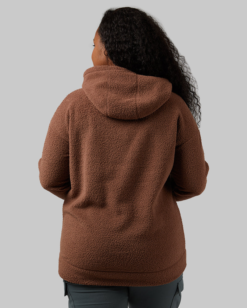 32 Degrees Acorn _ Women's shorthair sherpa Pullover Hoodie {model: Audrey is 5'8"and size 14 wearing size L}{bottom}{right} {bottom}{right}