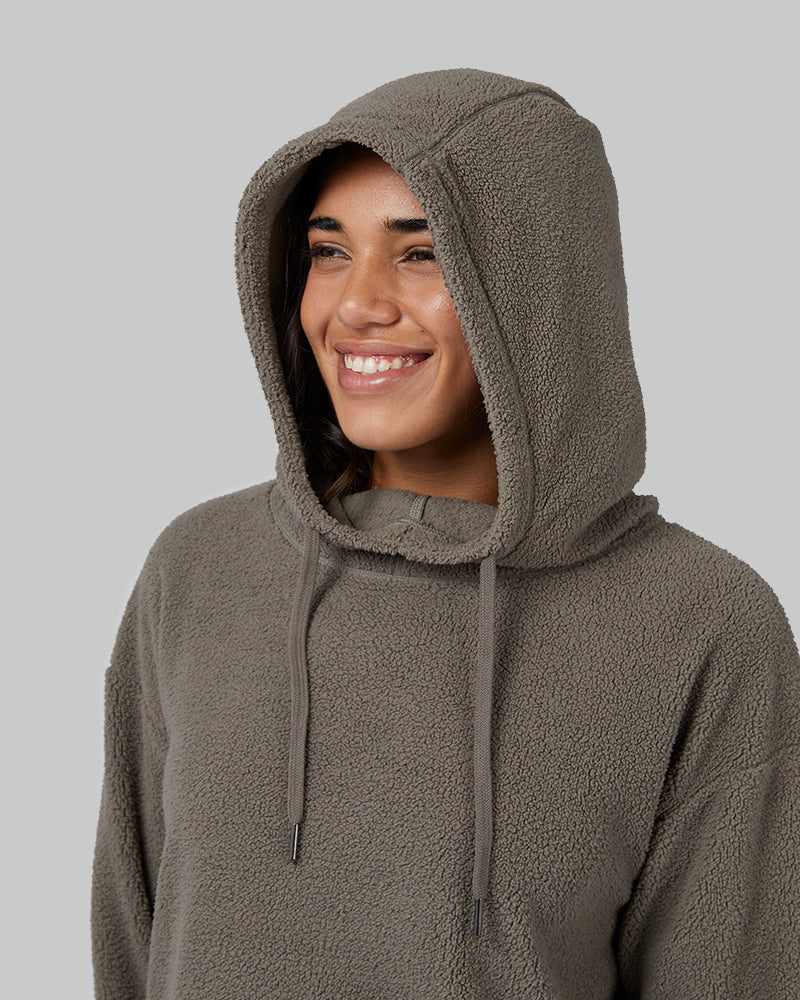 32 Degrees Fossil Green _ Women's shorthair sherpa Pullover Hoodie {model: Ria is 5'8"and size 4 wearing size S}{bottom}{right} {bottom}{right}