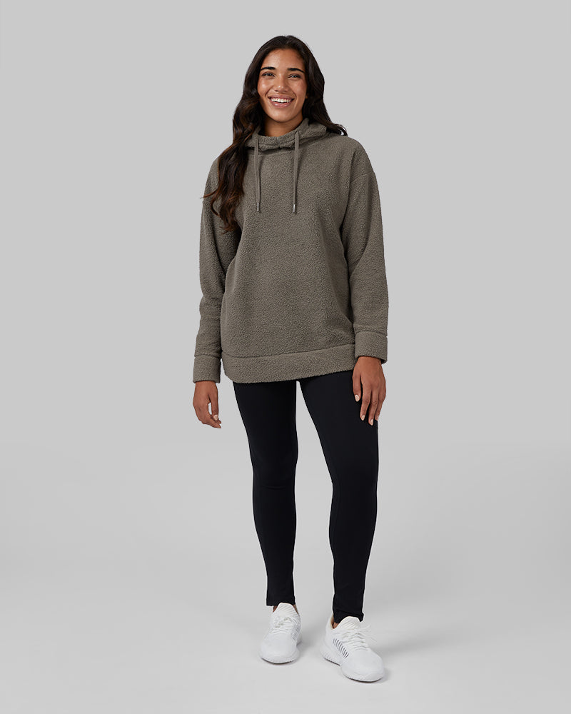 32 Degrees Fossil Green _ Women's shorthair sherpa Pullover Hoodie {model: Ria is 5'8"and size 4 wearing size S}{bottom}{right} {bottom}{right}
