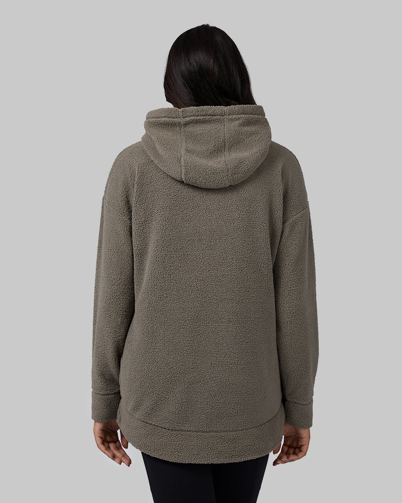 32 Degrees Fossil Green _ Women's shorthair sherpa Pullover Hoodie {model: Ria is 5'8"and size 4 wearing size S}{bottom}{right} {bottom}{right}