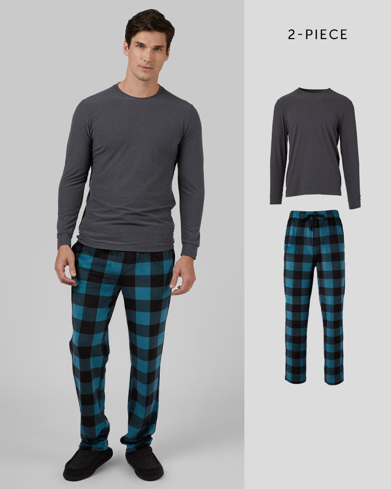 32 Degrees Teal Cloud Thermal Print _ Men's 2Pc Sleep Set {model: Bobby is 6'1", wearing size M}{bottom}{right} {bottom}{right}