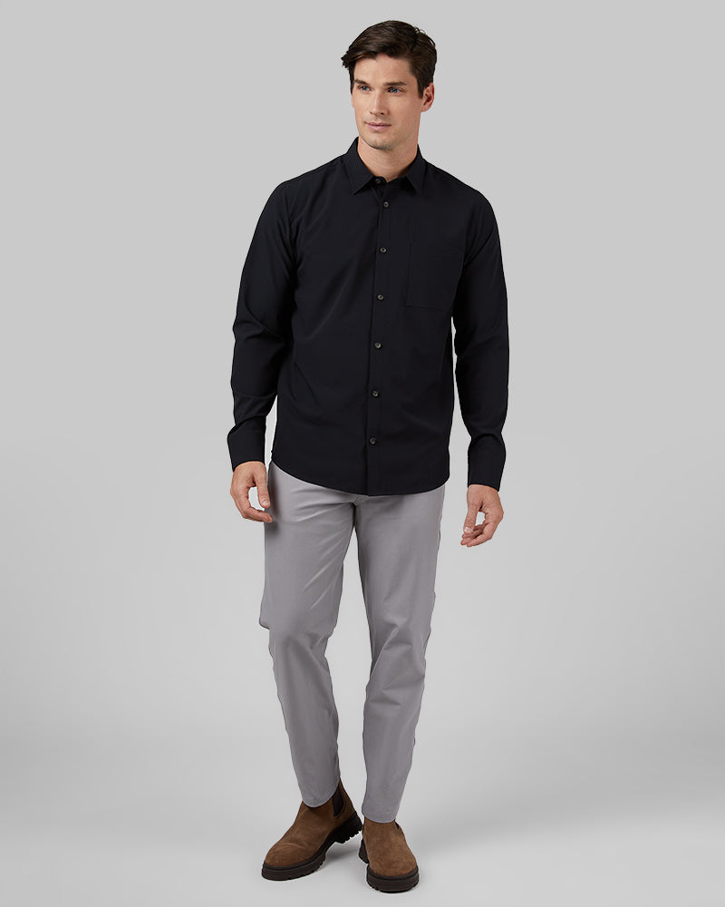 32 Degrees Black _ Men's Stretch Woven Long Sleeve Button-Up {model: Bobby is 6'1", wearing size M}{bottom}{right} {bottom}{right}