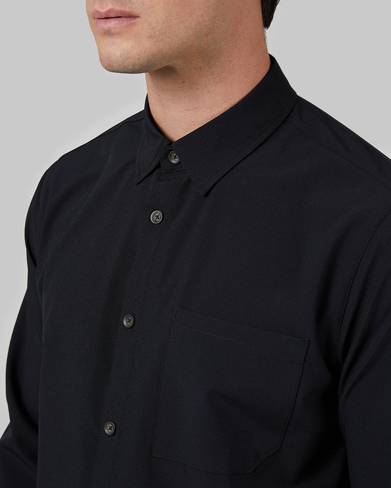 32 Degrees Black _ Men's Stretch Woven Long Sleeve Button-Up {model: Bobby is 6'1", wearing size M}{bottom}{right} {bottom}{right}