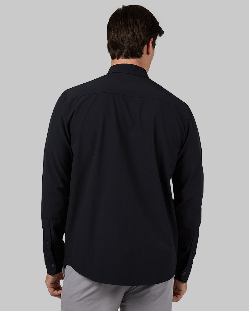 32 Degrees Black _ Men's Stretch Woven Long Sleeve Button-Up {model: Bobby is 6'1", wearing size M}{bottom}{right} {bottom}{right}