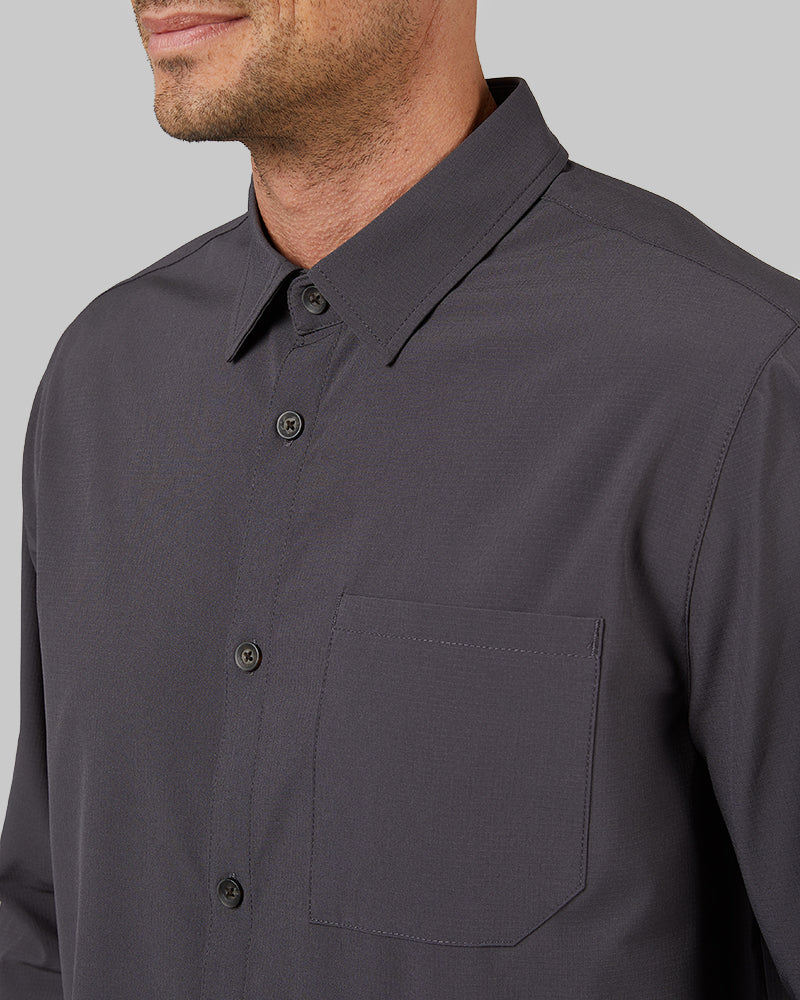 32 Degrees Iron _ Men's Stretch Woven Long Sleeve Button-Up {model: Dennis is 6'1", wearing size M}{bottom}{right} {bottom}{right}
