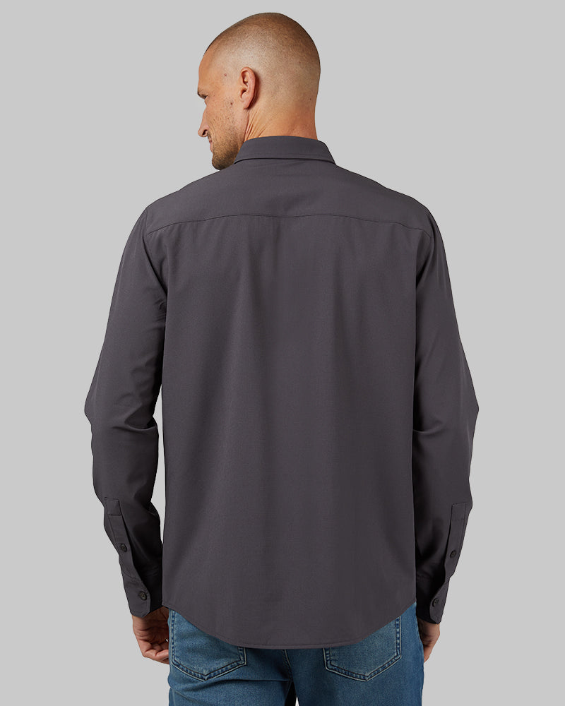 32 Degrees Iron _ Men's Stretch Woven Long Sleeve Button-Up {model: Dennis is 6'1", wearing size M}{bottom}{right} {bottom}{right}