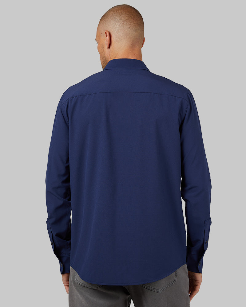 32 Degrees Navy Night _ Men's Stretch Woven Long Sleeve Button-Up {model: Dennis is 6'1", wearing size M}{bottom}{right} {bottom}{right}