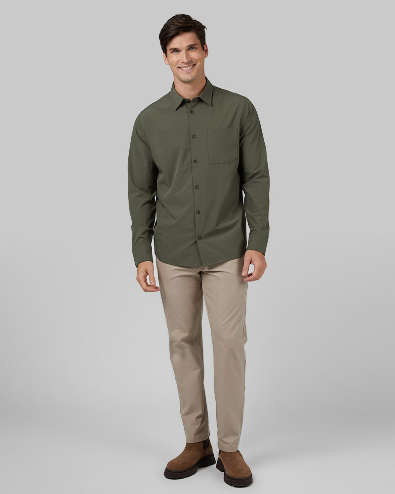 32 Degrees Tea Leaf _ Men's Stretch Woven Long Sleeve Button-Up {model: Bobby is 6'1", wearing size M}{bottom}{right} {bottom}{right}