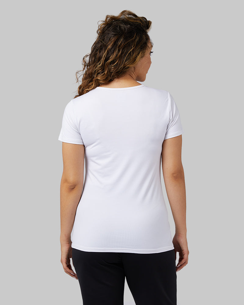 32 Degrees White _ Women's Cool Fitted T-Shirt {model: Kay is 5'6" and size 8, wearing size M}{bottom}{right}{bottom}{right}