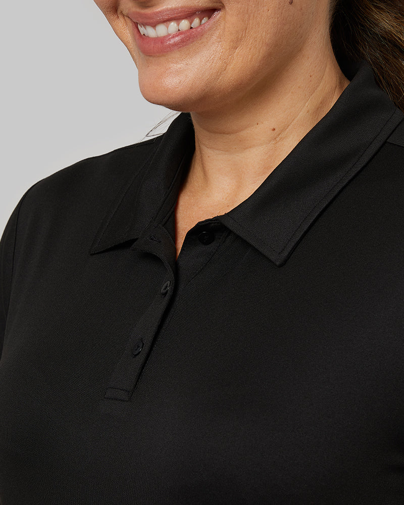 32 Degrees Black _ Womens Cool Fitted Polo {model: Stephanie is 5'9" and size 12, wearing size L}{bottom}{right} {bottom}{right}