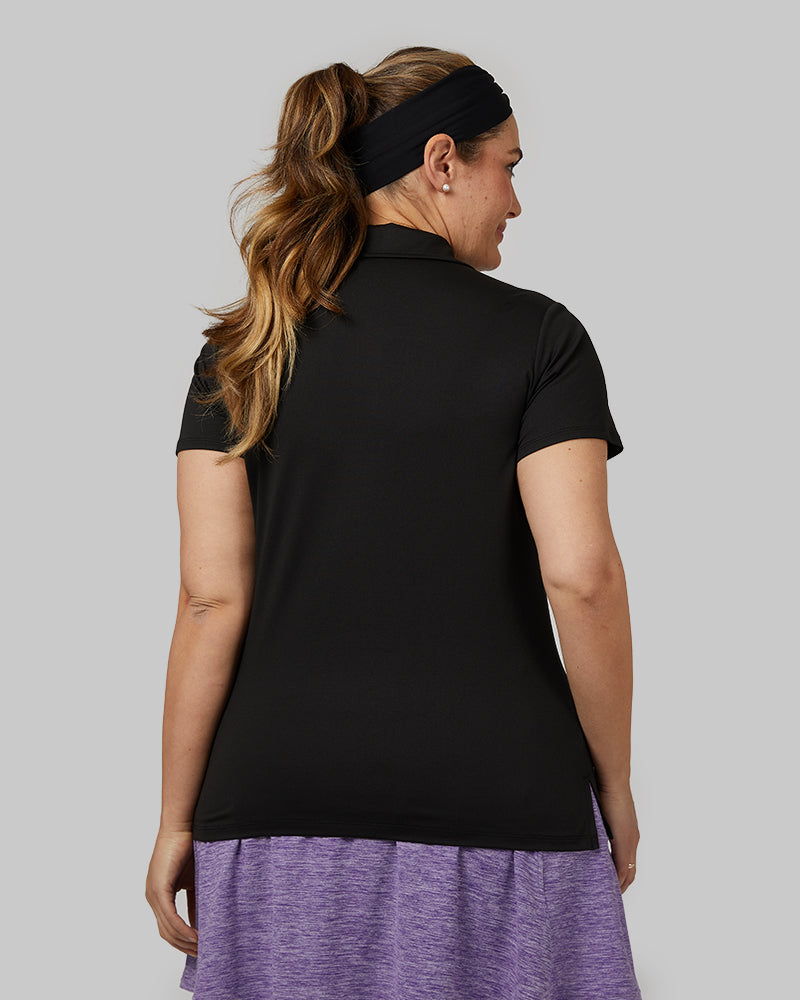 32 Degrees Black _ Womens Cool Fitted Polo {model: Stephanie is 5'9" and size 12, wearing size L}{bottom}{right} {bottom}{right}