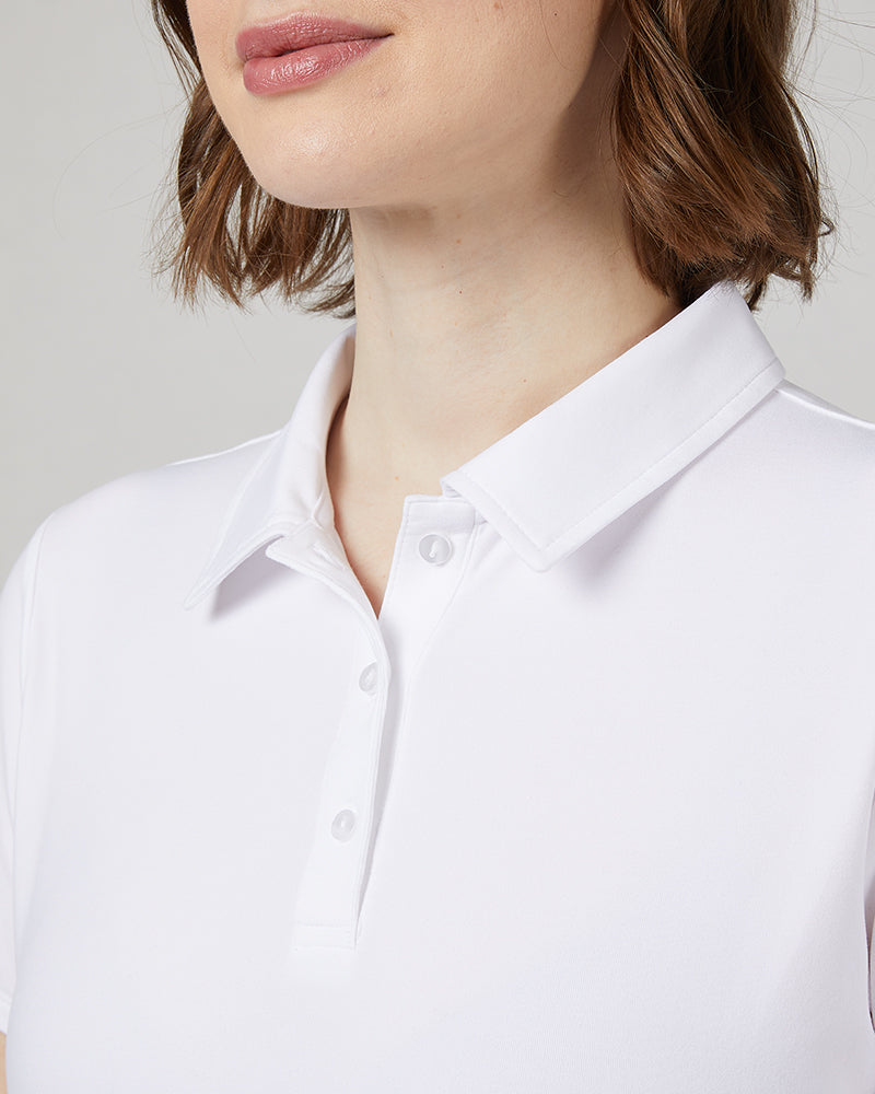 32 Degrees White _ Womens Cool Fitted Polo {model: Julie is 5'9" and size 6-8, wearing size S}{bottom}{right} {bottom}{right}