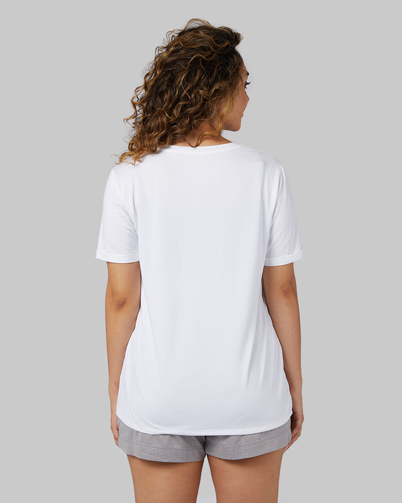 32 Degrees White _ Women's Cool Relaxed Sleep T-Shirt {model: Kay is 5'6" and size 8, wearing size M}{bottom}{right}{bottom}{right}