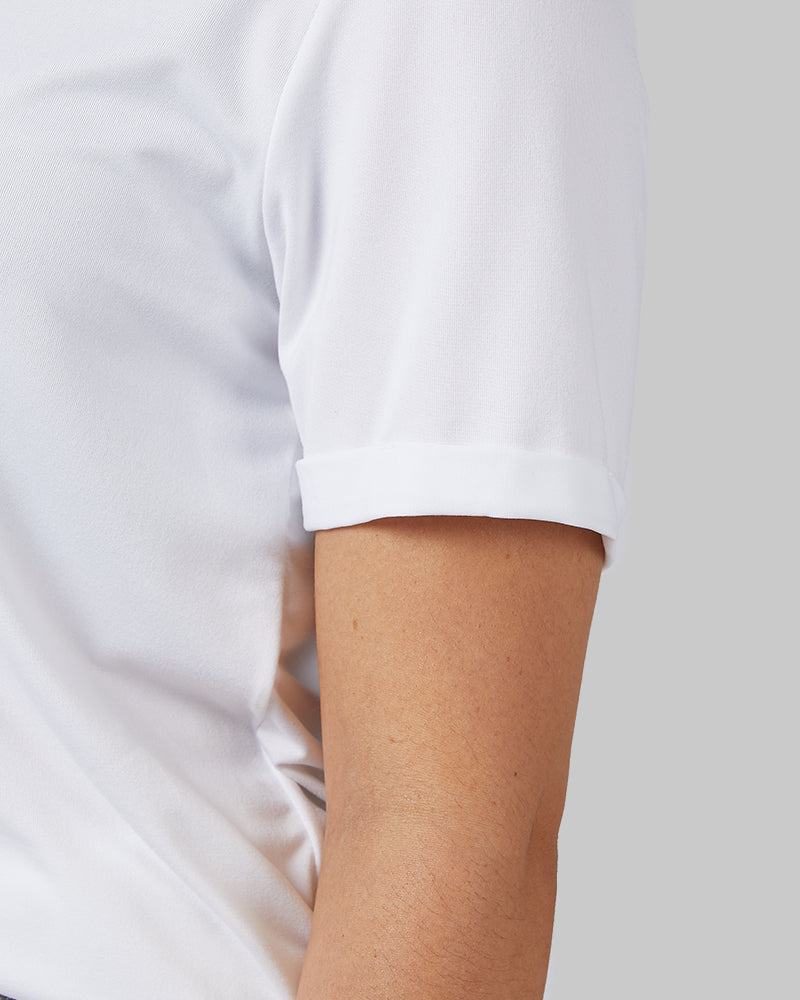 32 Degrees White _ Women's Cool Relaxed Sleep T-Shirt {model: Kay is 5'6" and size 8, wearing size M}{bottom}{right}{bottom}{right}