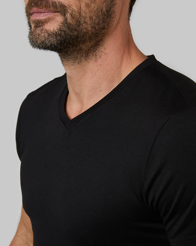32 Degrees Black _ Men's 4PK Cool Classic Vneck T-Shirt {model: Cedric is 6'1.5", wearing size M}{bottom}{right}{bottom}{right}