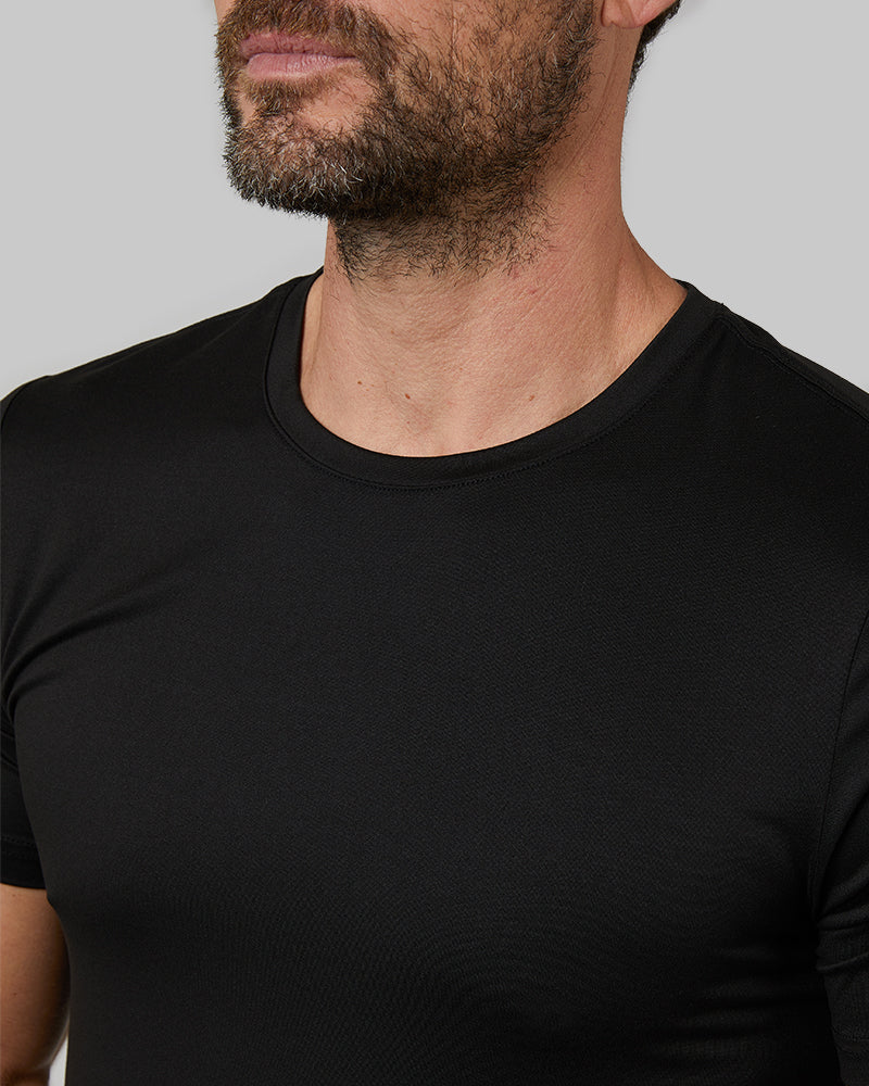 32 Degrees Black _ Men's 4PK Cool Crew Neck Tee {model: Cedric is 6'1.5", wearing size M}{bottom}{right}{bottom}{right}