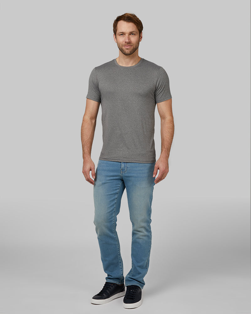 32 Degrees Grey Heather _ Mens Cool Classic Crew T-Shirt {model: Kacey is 6'2", wearing size M}{bottom}{right} {bottom}{right}