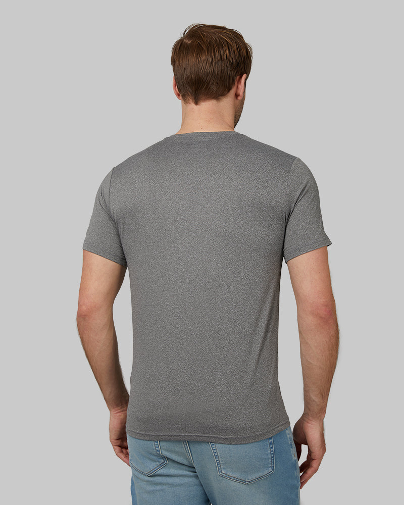 32 Degrees Grey Heather _ Mens Cool Classic Crew T-Shirt {model: Kacey is 6'2", wearing size M}{bottom}{right} {bottom}{right}