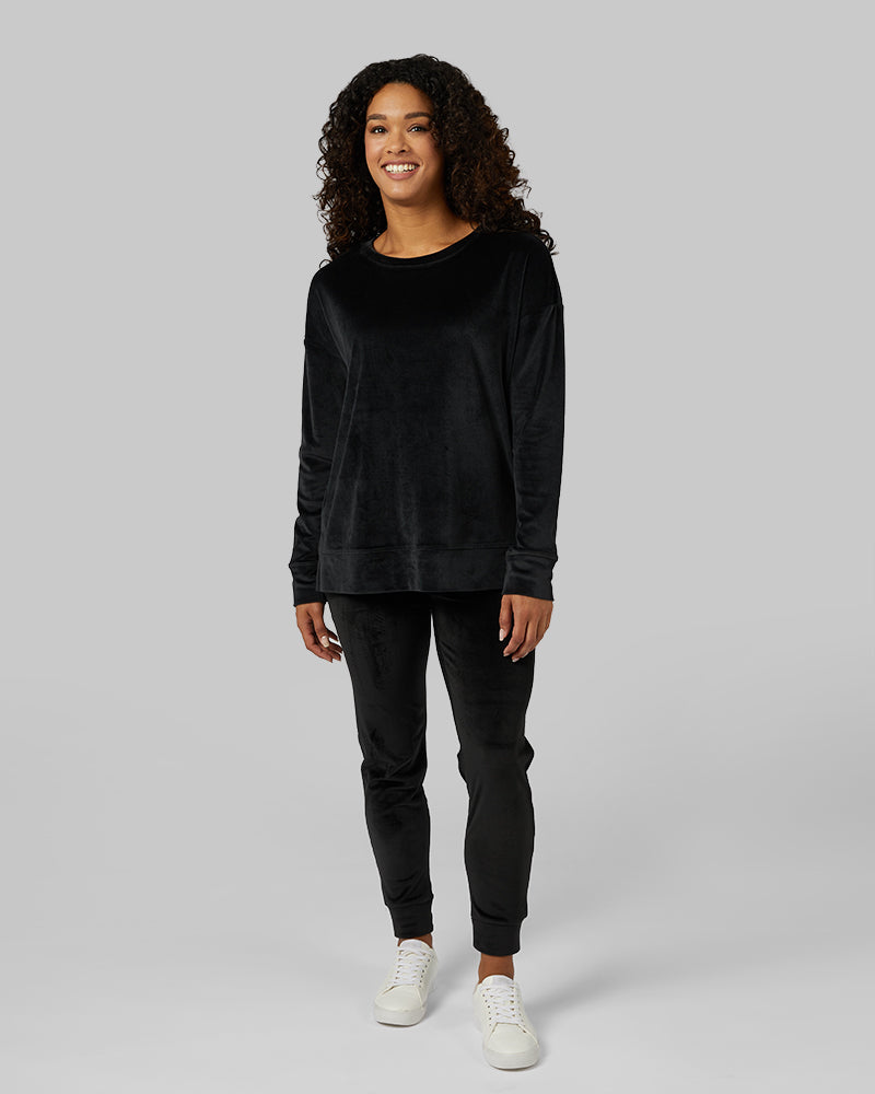 32 Degrees Black _ Women's soft Velour Crew Top {model: Alexis is 5'6"and size 4-6 wearing size S}{bottom}{right} {bottom}{right}