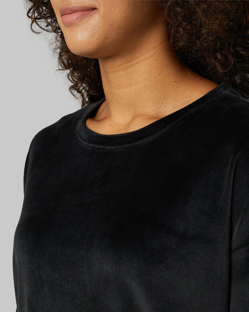 32 Degrees Black _ Women's soft Velour Crew Top {model: Alexis is 5'6"and size 4-6 wearing size S}{bottom}{right} {bottom}{right}