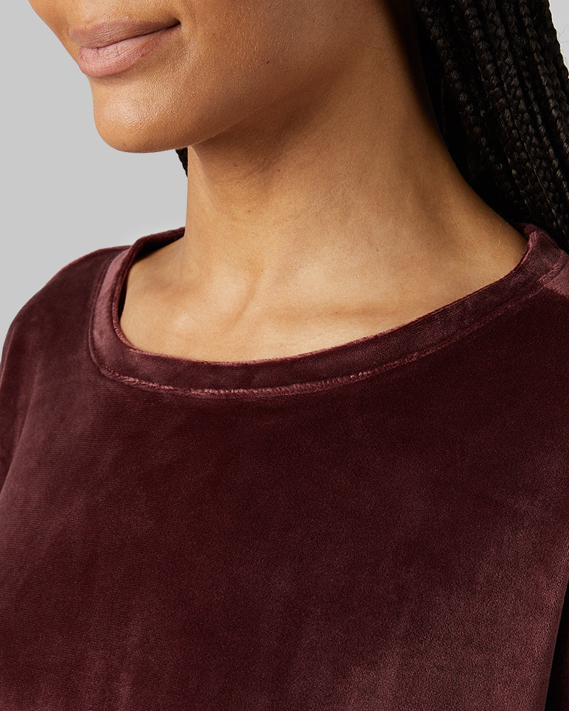 32 Degrees Decadent Chocolate _ Women's soft Velour Crew Top {model: Dido is 5'9"and size 4 wearing size S}{bottom}{right} {bottom}{right}