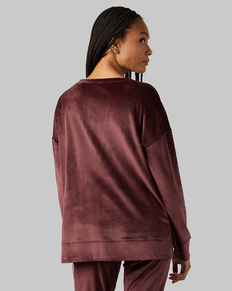 32 Degrees Decadent Chocolate _ Women's soft Velour Crew Top {model: Dido is 5'9"and size 4 wearing size S}{bottom}{right} {bottom}{right}