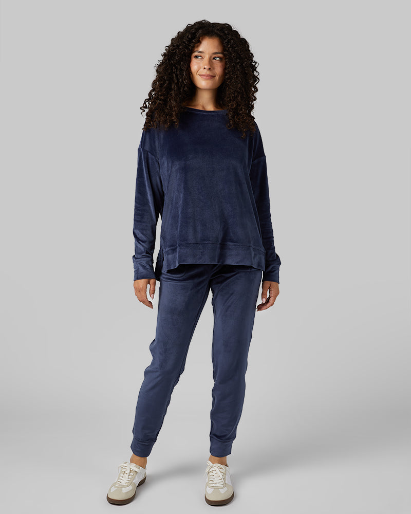 32 Degrees Night Navy _ Women's soft Velour Crew Top {model: Gabrielle is 5'8"and size 4 wearing size S}{bottom}{right} {bottom}{right}