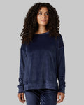 32 Degrees Night Navy _ Women's soft Velour Crew Top {model: Gabrielle is 5'8"and size 4 wearing size S}{bottom}{right} {bottom}{right}