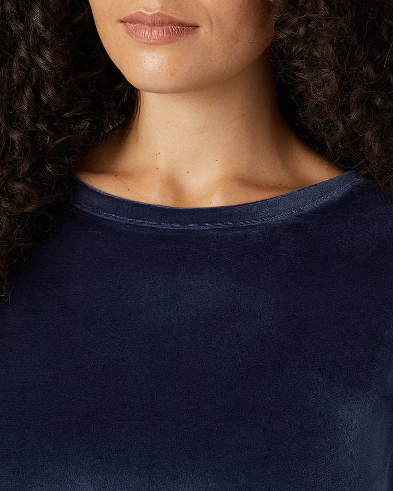 32 Degrees Night Navy _ Women's soft Velour Crew Top {model: Gabrielle is 5'8"and size 4 wearing size S}{bottom}{right} {bottom}{right}