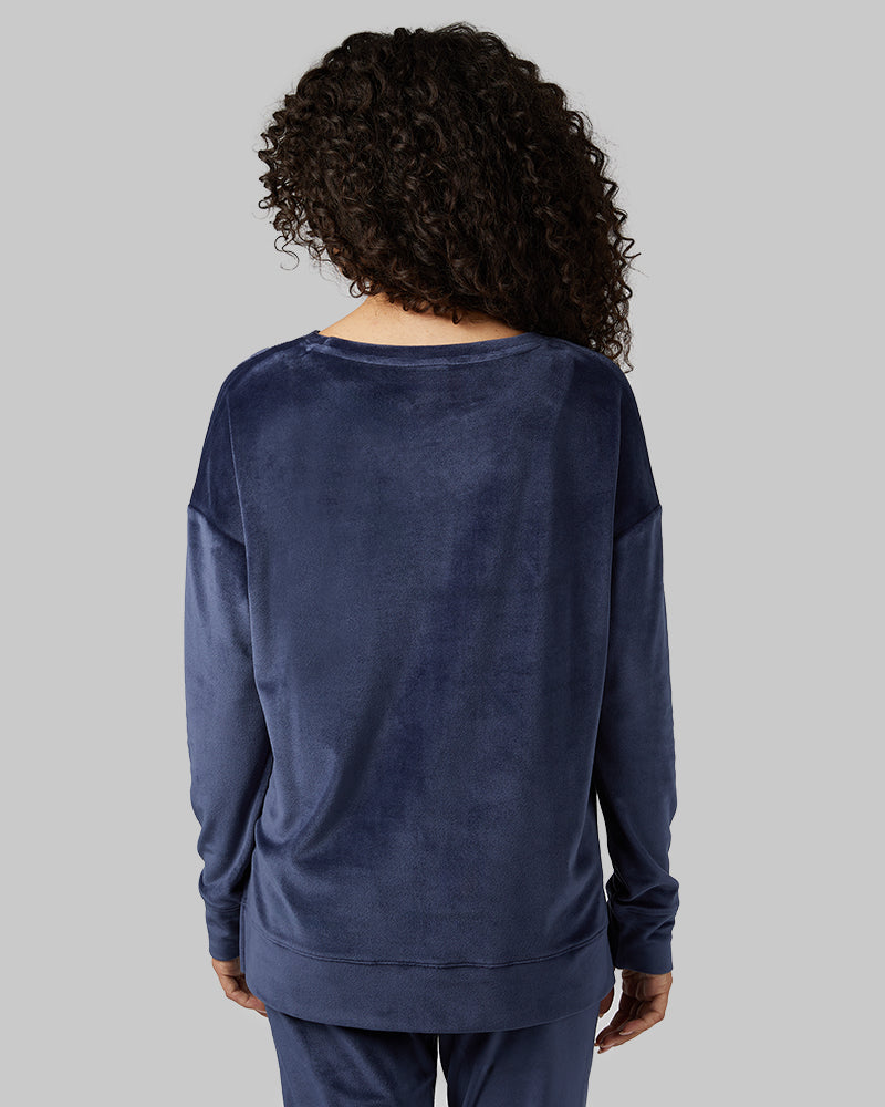 32 Degrees Night Navy _ Women's soft Velour Crew Top {model: Gabrielle is 5'8"and size 4 wearing size S}{bottom}{right} {bottom}{right}