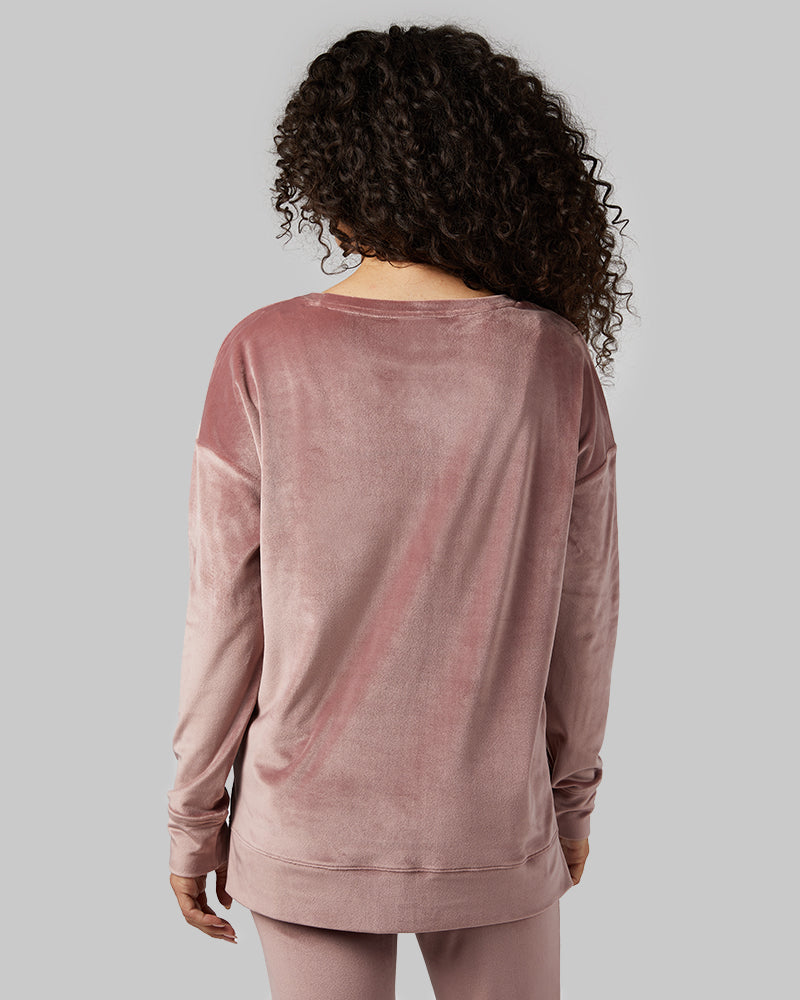 32 Degrees Saddle _ Women's soft Velour Crew Top {model: Gabrielle is 5'8"and size 4 wearing size S}{bottom}{right} {bottom}{right}