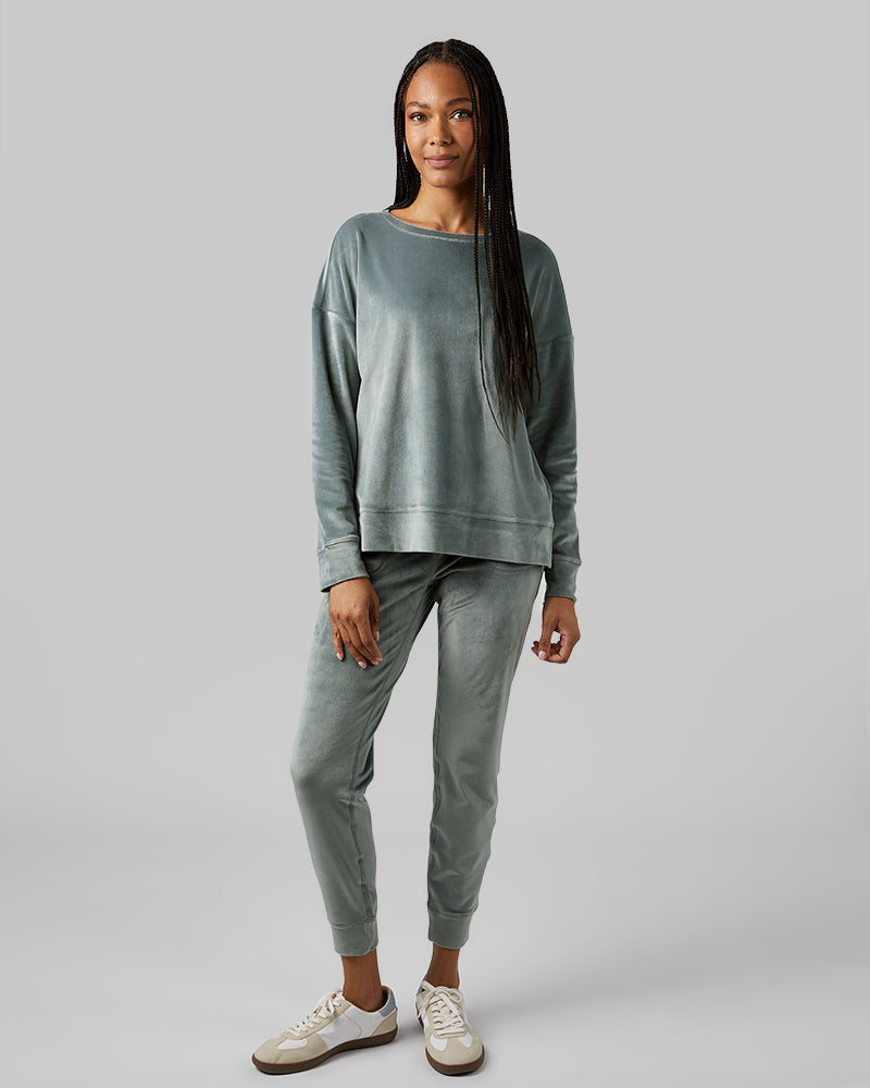 32 Degrees Space Green Grey _ Women's soft Velour Crew Top {model: Dido is 5'9"and size 4 wearing size S}{bottom}{right} {bottom}{right}