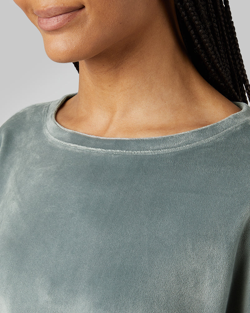 32 Degrees Space Green Grey _ Women's soft Velour Crew Top {model: Dido is 5'9"and size 4 wearing size S}{bottom}{right} {bottom}{right}