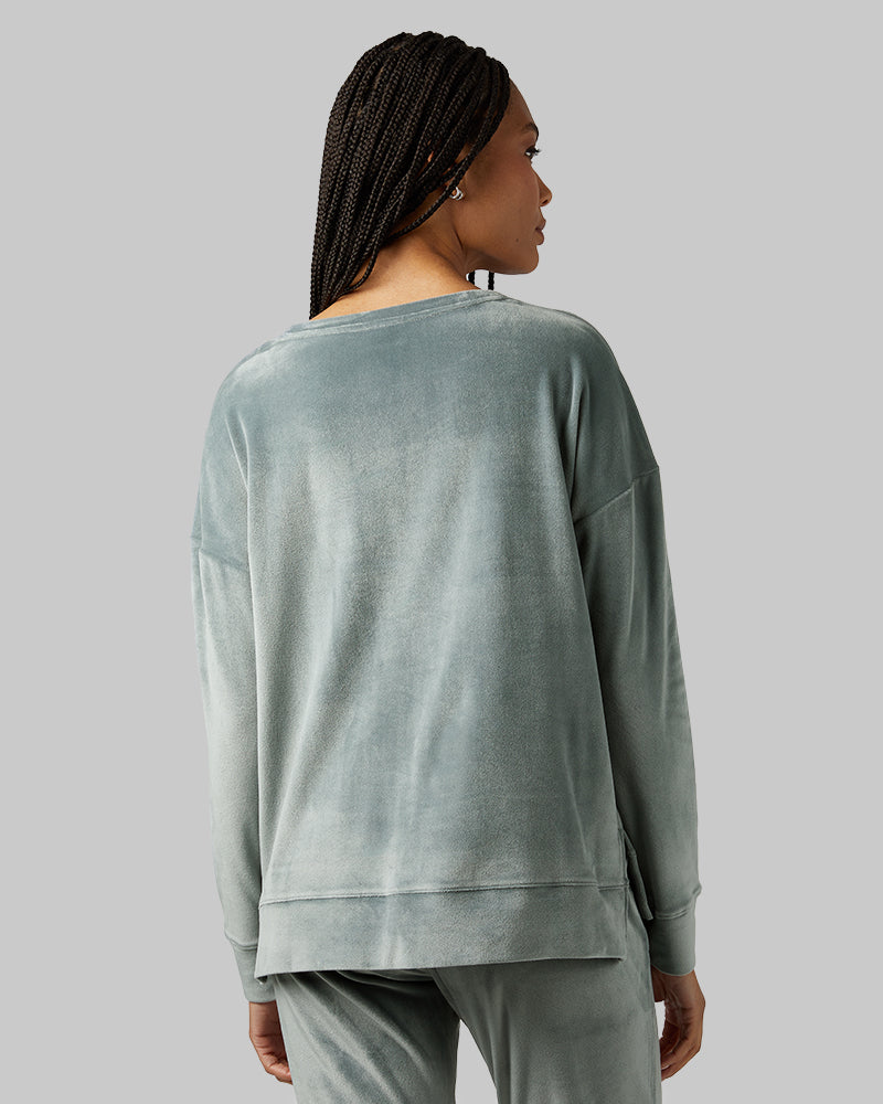 32 Degrees Space Green Grey _ Women's soft Velour Crew Top {model: Dido is 5'9"and size 4 wearing size S}{bottom}{right} {bottom}{right}
