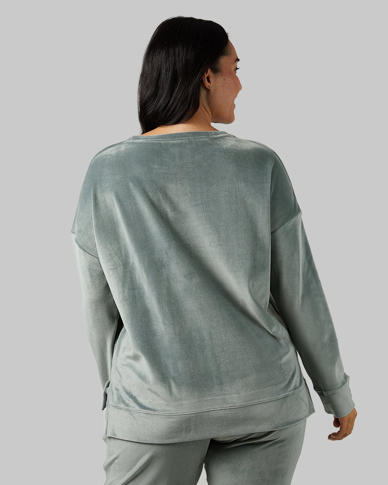 32 Degrees Space Green Grey _ Women's soft Velour Crew Top {model: Amanda is 5'8"and size 14 wearing size L}{bottom}{right} {bottom}{right}