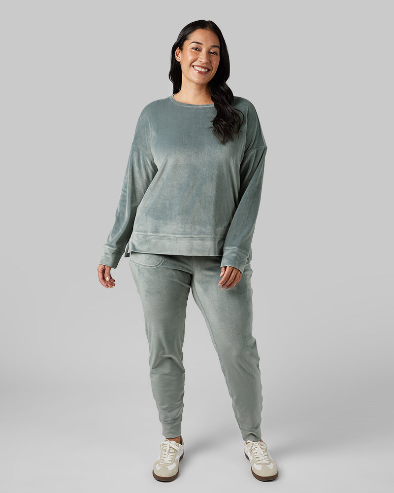 32 Degrees Space Green Grey _ Women's soft Velour Crew Top {model: Amanda is 5'8"and size 14 wearing size L}{bottom}{right} {bottom}{right}