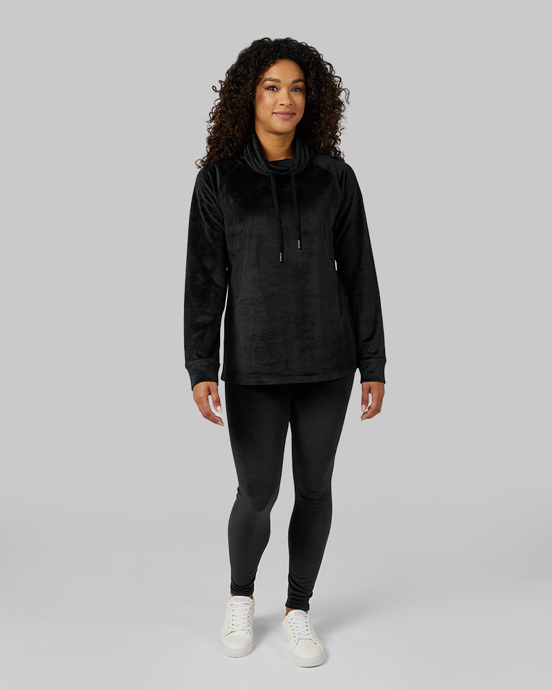 32 Degrees Black _ Women's soft Velour Funnel Neck Top {model: Alexis is 5'6"and size 4-6 wearing size S}{bottom}{right} {bottom}{right}