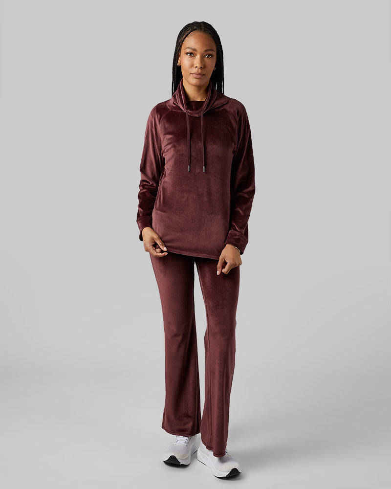 32 Degrees Decadent Chocolate _ Women's soft Velour Funnel Neck Top {model: Dido is 5'9"and size 4 wearing size S}{bottom}{right} {bottom}{right}