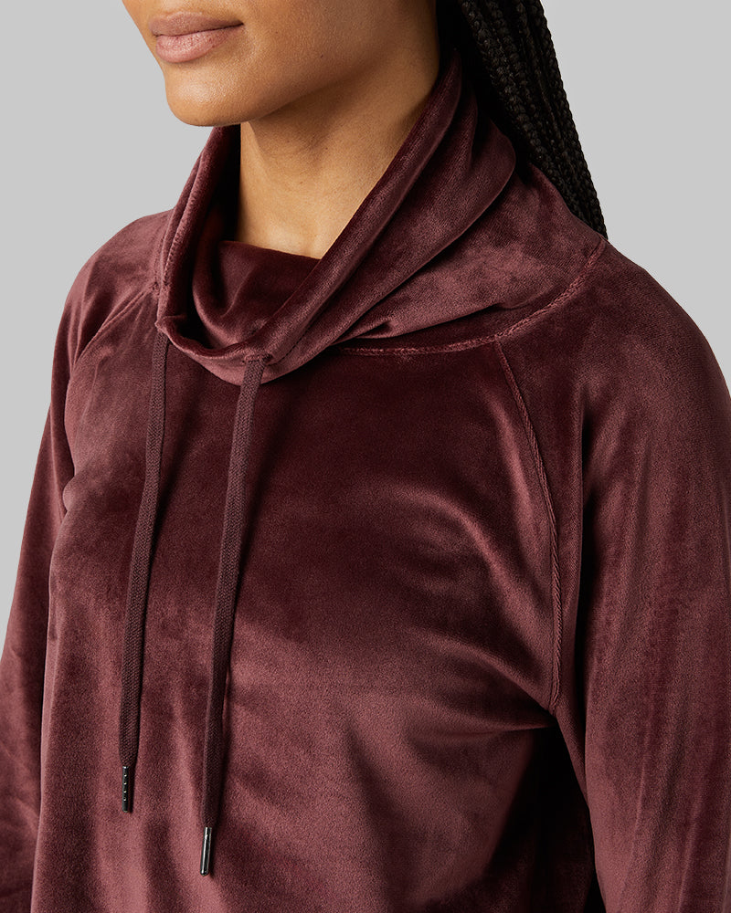 32 Degrees Decadent Chocolate _ Women's soft Velour Funnel Neck Top {model: Dido is 5'9"and size 4 wearing size S}{bottom}{right} {bottom}{right}
