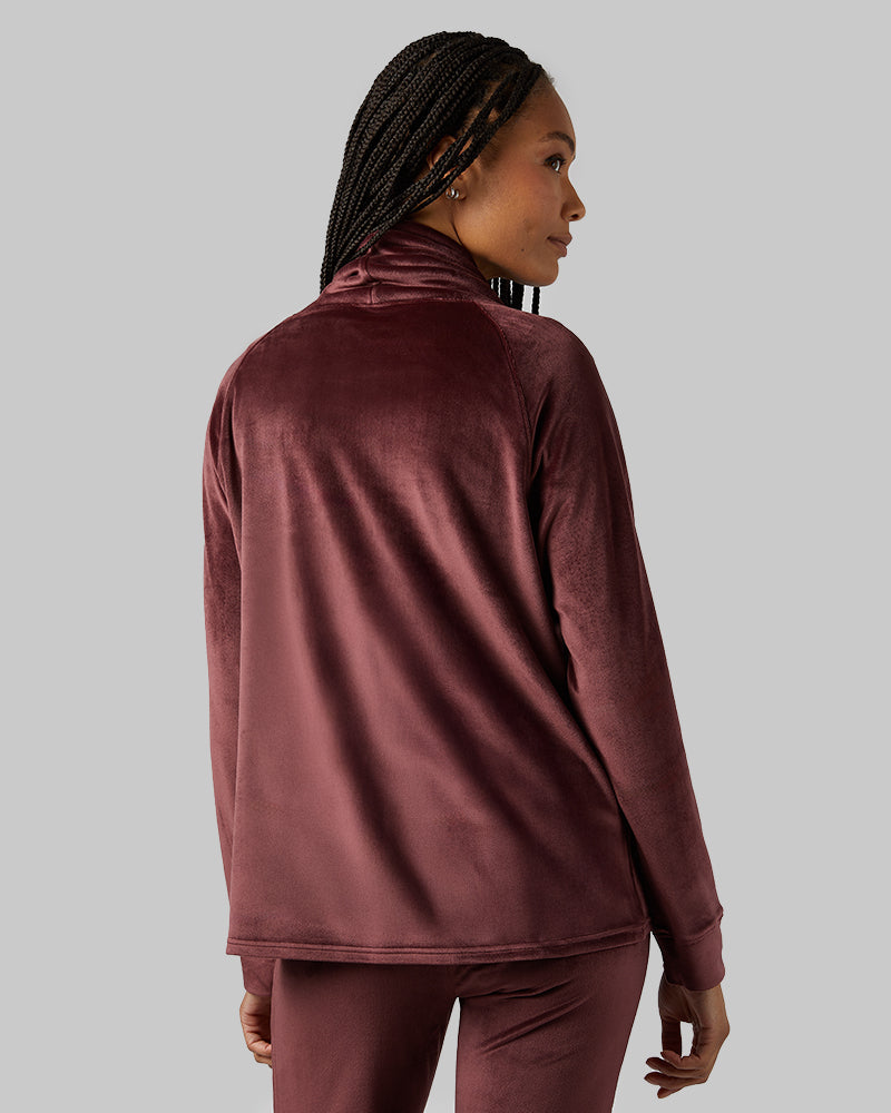 32 Degrees Decadent Chocolate _ Women's soft Velour Funnel Neck Top {model: Dido is 5'9"and size 4 wearing size S}{bottom}{right} {bottom}{right}