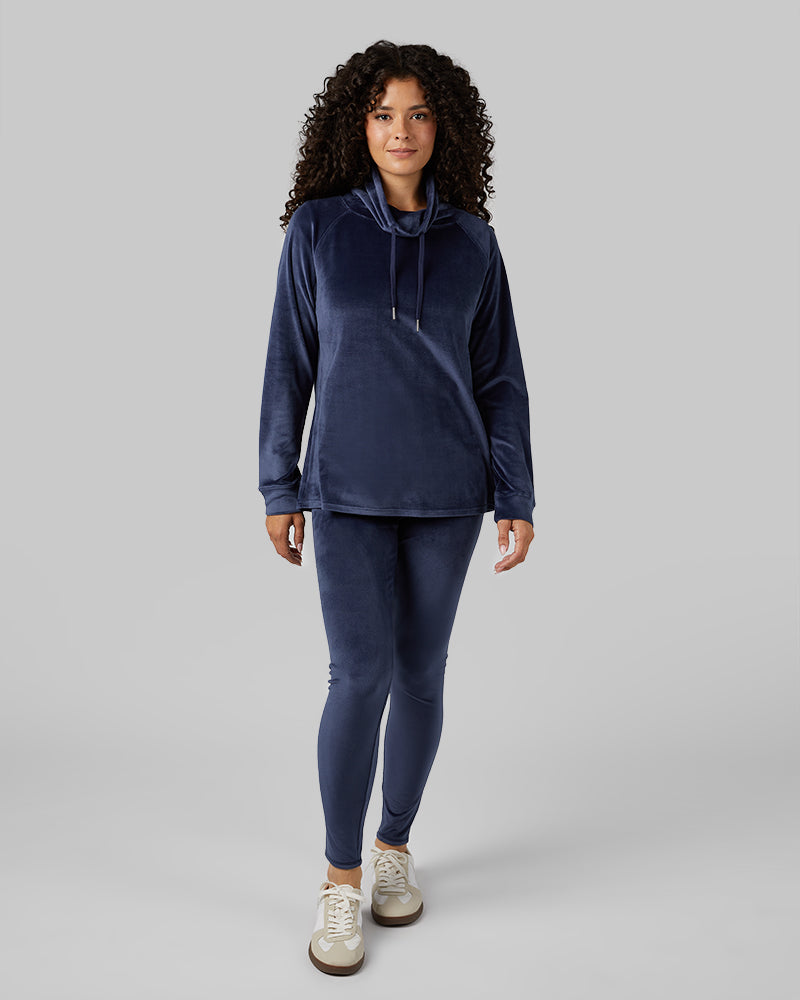 32 Degrees Night Navy _ Women's soft Velour Funnel Neck Top {model: Gabrielle is 5'8"and size 4 wearing size S}{bottom}{right} {bottom}{right}