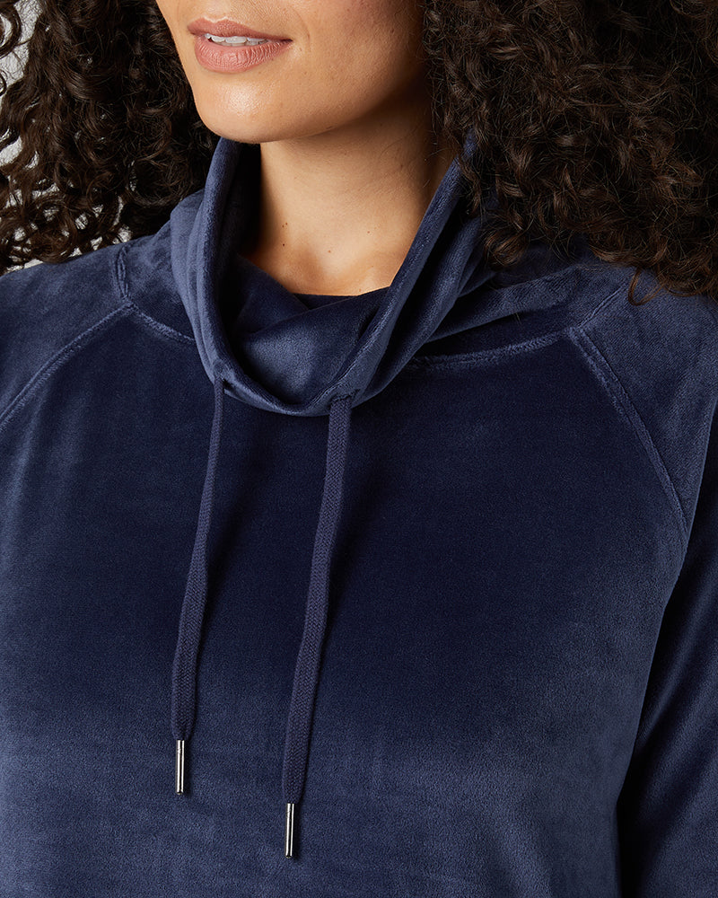 32 Degrees Night Navy _ Women's soft Velour Funnel Neck Top {model: Gabrielle is 5'8"and size 4 wearing size S}{bottom}{right} {bottom}{right}