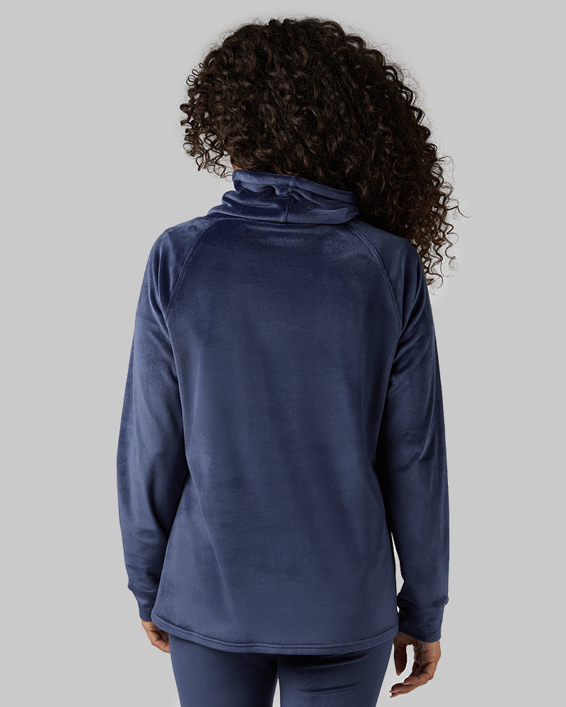 32 Degrees Night Navy _ Women's soft Velour Funnel Neck Top {model: Gabrielle is 5'8"and size 4 wearing size S}{bottom}{right} {bottom}{right}