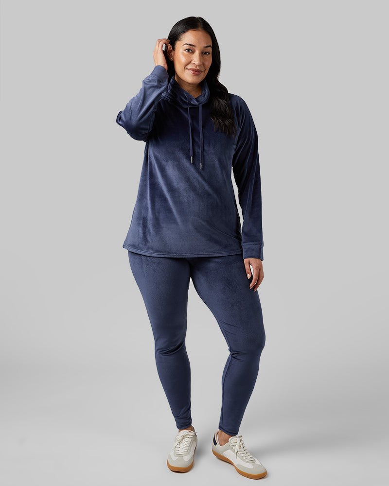 32 Degrees Night Navy _ Women's soft Velour Funnel Neck Top {model: Amanda is 5'8"and size 14 wearing size L}{bottom}{right} {bottom}{right}